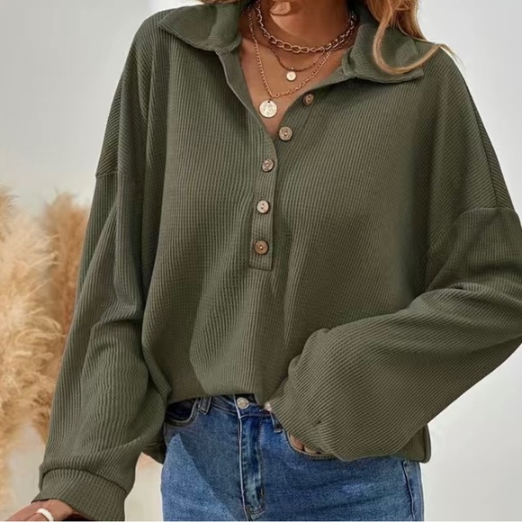 Tops - Green Textured Button Collar Henley Top